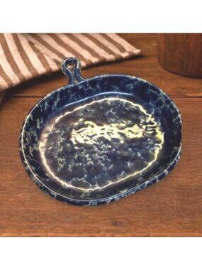 Vintage Bennington Potters Vermont Blue Spongeware Stoneware Handled Baker Dish